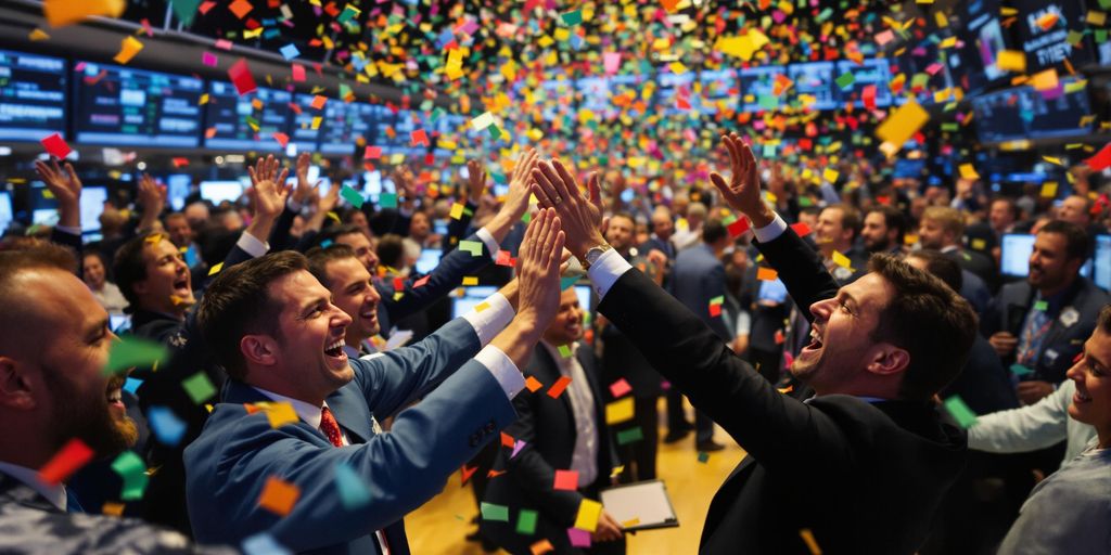 Traders celebrating on a busy stock exchange floor.