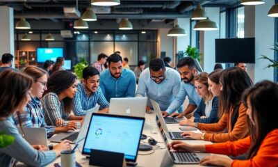 Diverse professionals collaborating in a modern tech workspace.