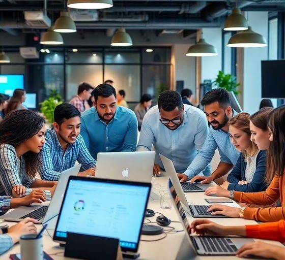 Diverse professionals collaborating in a modern tech workspace.