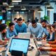 Diverse professionals collaborating in a modern tech workspace.