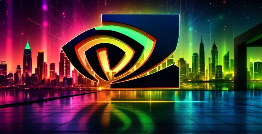 Nvidia logo with a modern city skyline background.