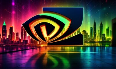 Nvidia logo with a modern city skyline background.