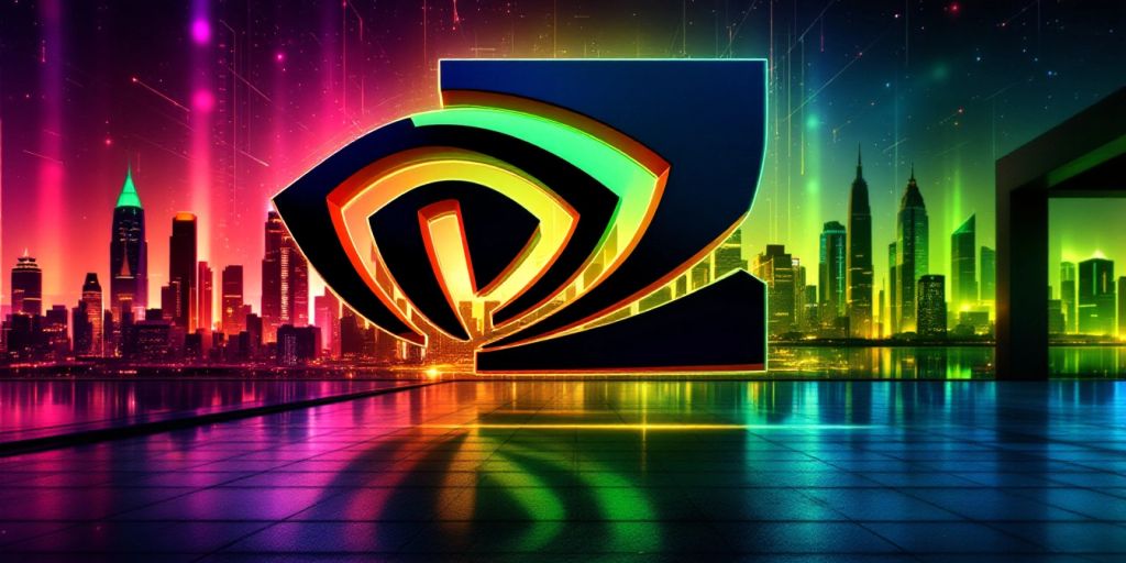 Nvidia logo with a modern city skyline background.