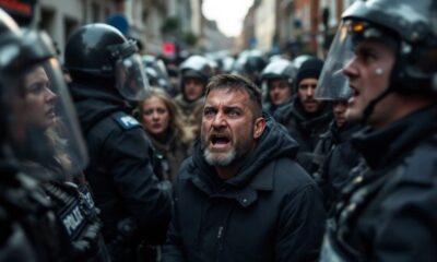 Protesters clashing with police in Belfast streets.