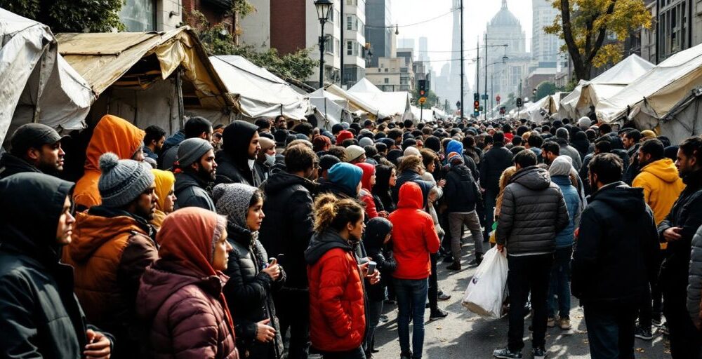 Crowd waiting outside temporary accommodation amid housing tensions.