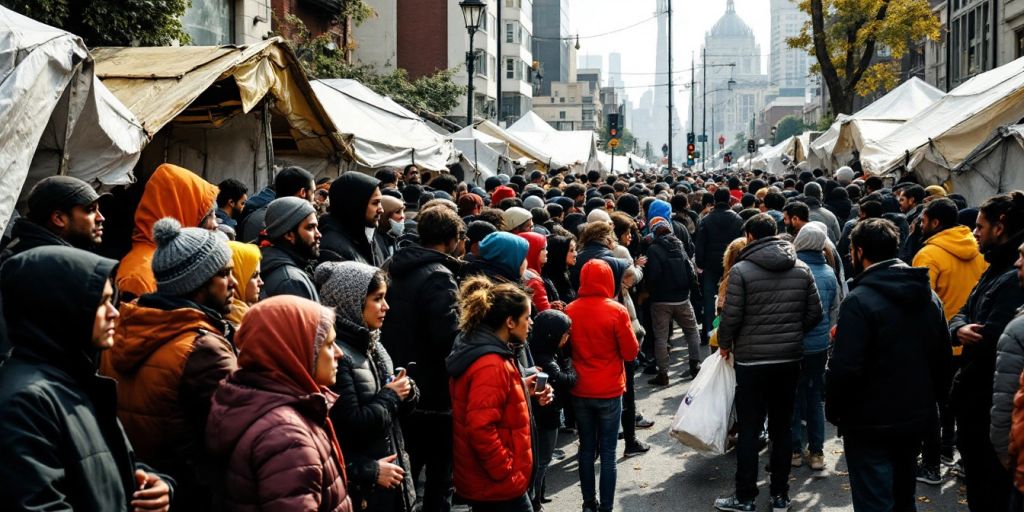 Crowd waiting outside temporary accommodation amid housing tensions.