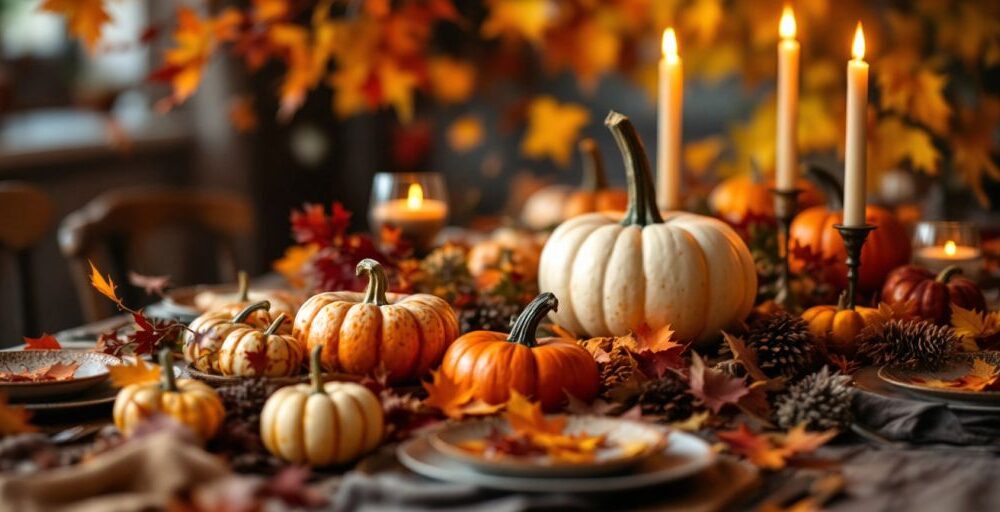 Thanksgiving table with pumpkins and autumn leaves.