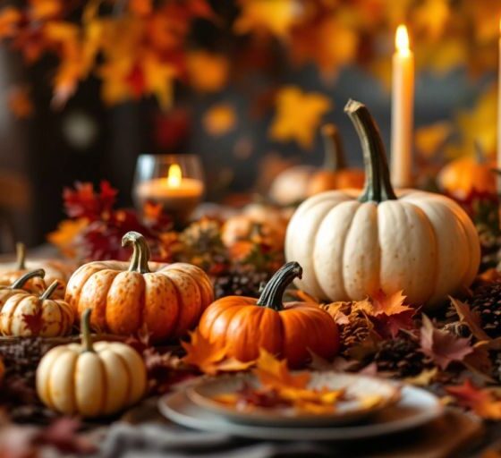 Thanksgiving table with pumpkins and autumn leaves.