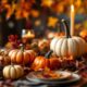 Thanksgiving table with pumpkins and autumn leaves.