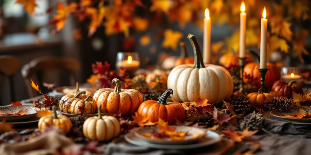 Thanksgiving table with pumpkins and autumn leaves.