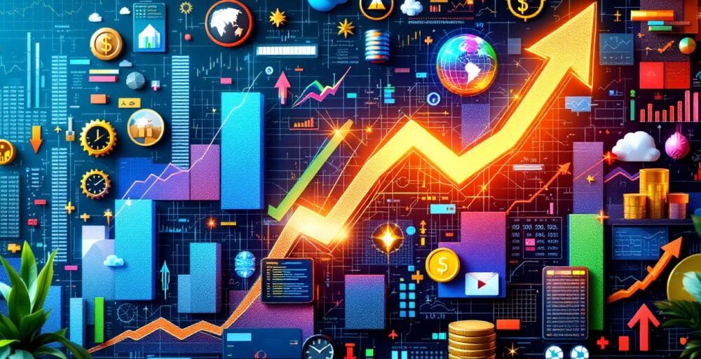 Vibrant stock market elements with bulls and bears.