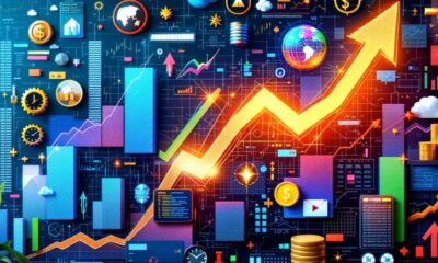 Vibrant stock market elements with bulls and bears.