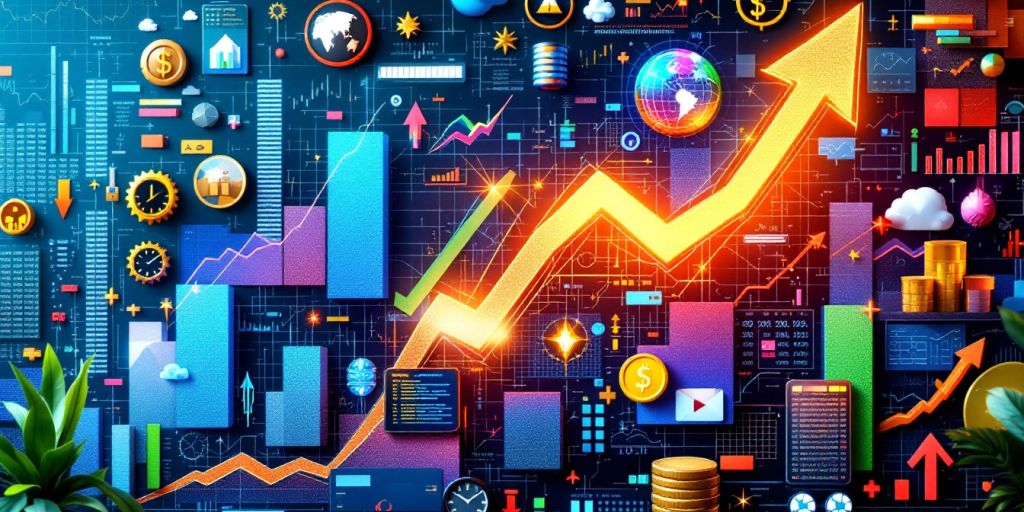 Vibrant stock market elements with bulls and bears.