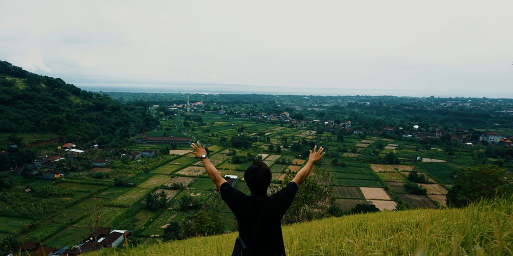 a man standing on top of a lush green hillside