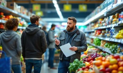 Grocery store aisle with empty shelves and concerned shoppers.