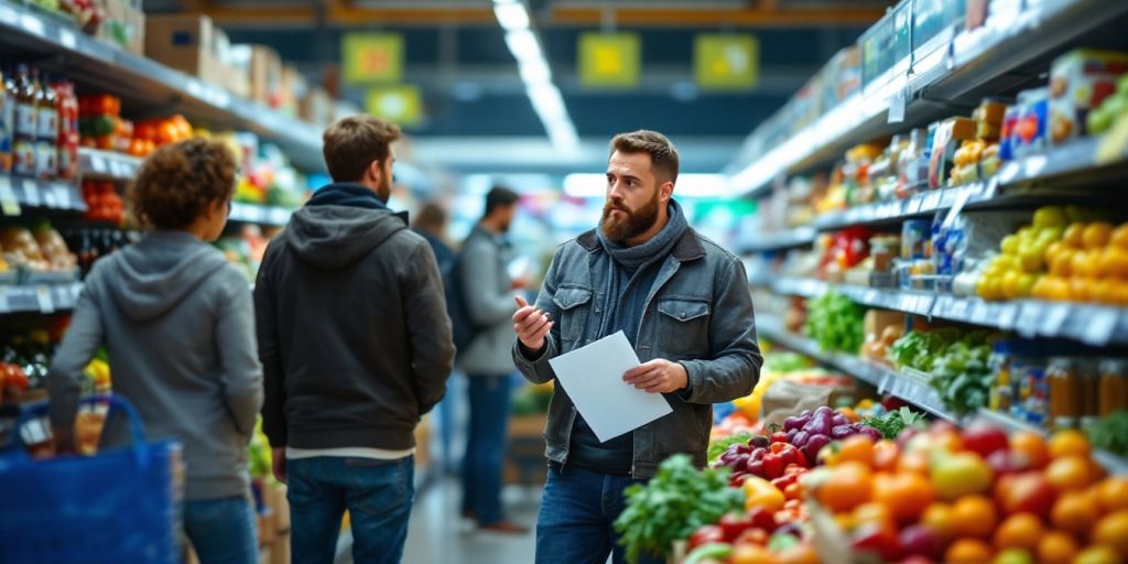 Grocery store aisle with empty shelves and concerned shoppers.