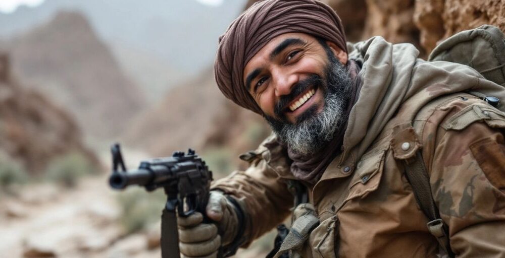 Smuggler with gun, smiling in outdoor setting.