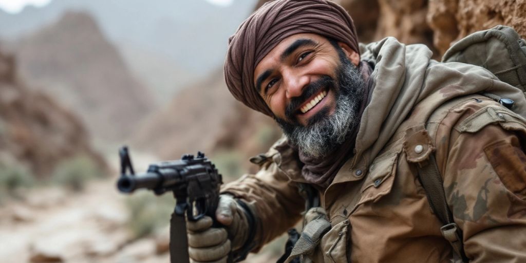 Smuggler with gun, smiling in outdoor setting.