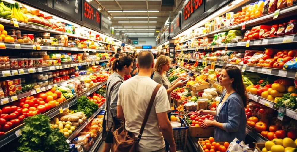 Grocery store aisle filled with shoppers and food products.