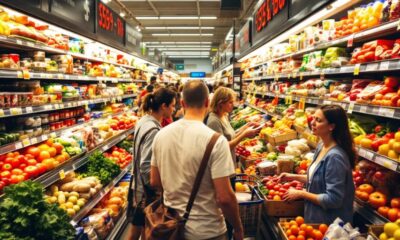 Grocery store aisle filled with shoppers and food products.