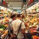 Grocery store aisle filled with shoppers and food products.