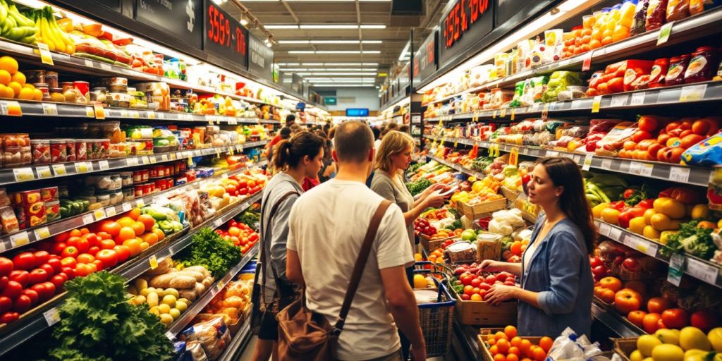 Grocery store aisle filled with shoppers and food products.