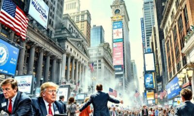 Wall Street traders in a busy financial district.