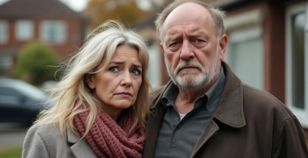 Distressed couple outside their home in Droylsden.