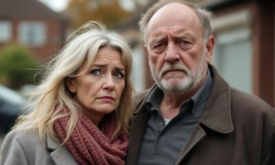 Distressed couple outside their home in Droylsden.