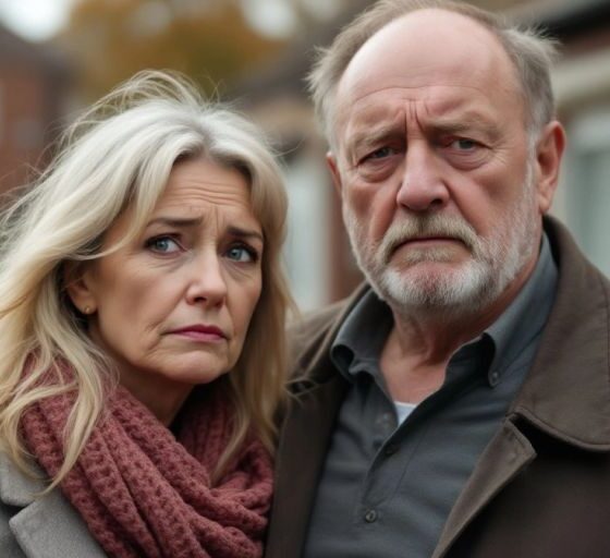 Distressed couple outside their home in Droylsden.