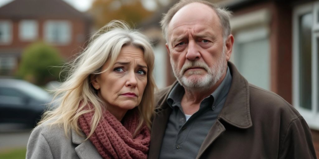 Distressed couple outside their home in Droylsden.