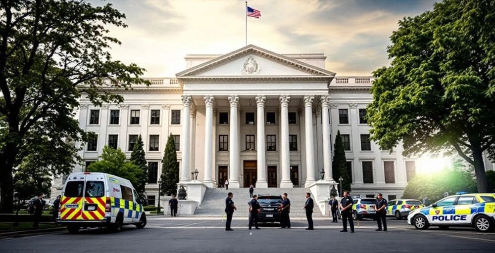 Government building with security personnel and vehicles outside.