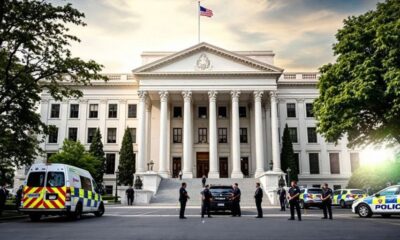 Government building with security personnel and vehicles outside.