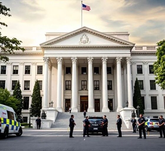 Government building with security personnel and vehicles outside.