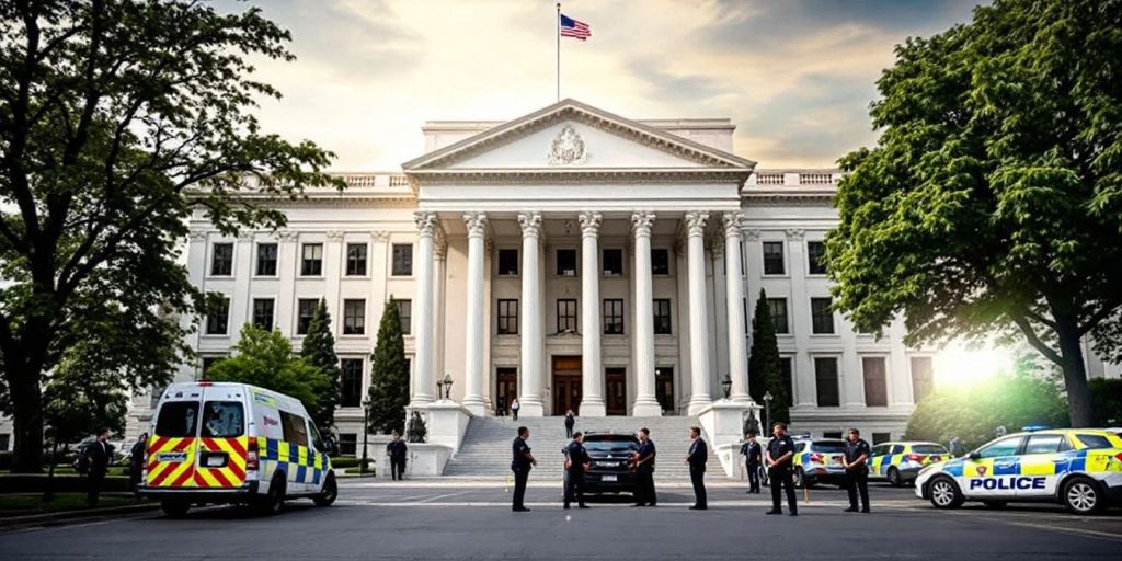 Government building with security personnel and vehicles outside.