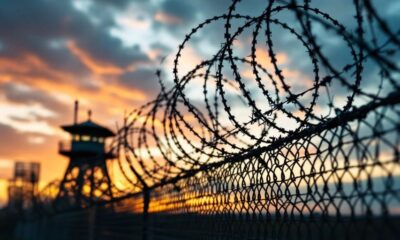 Border wall with barbed wire under a dramatic sky.