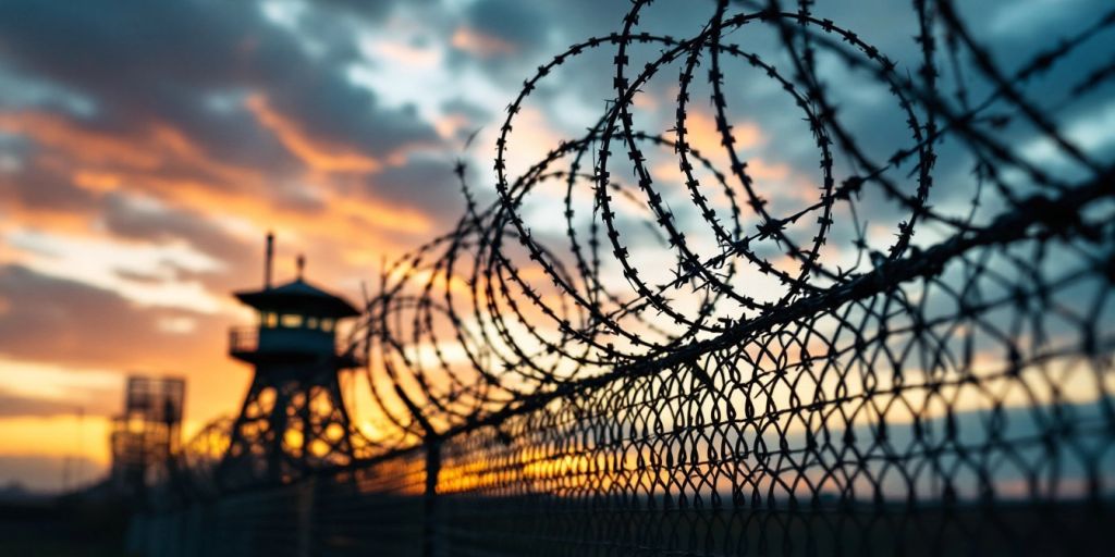 Border wall with barbed wire under a dramatic sky.