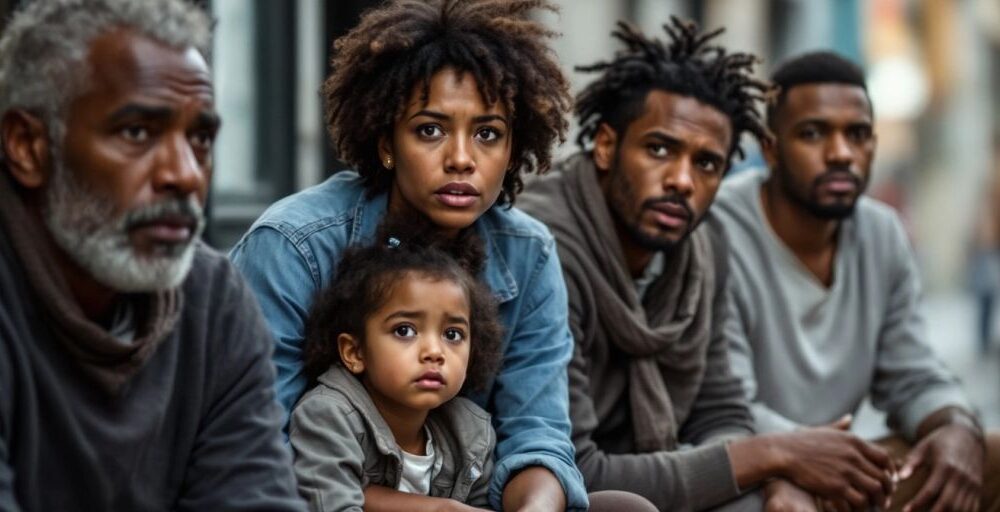 Diverse group of concerned individuals in an urban setting.