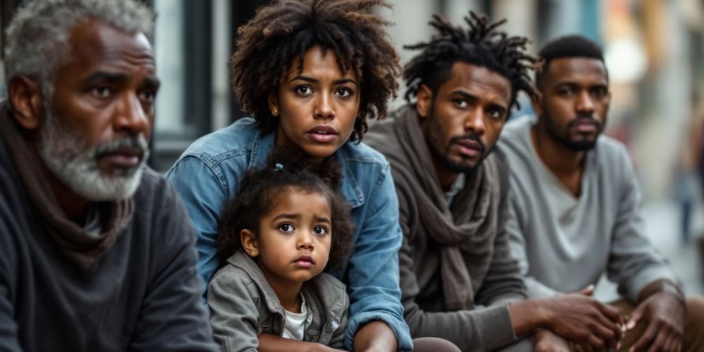 Diverse group of concerned individuals in an urban setting.