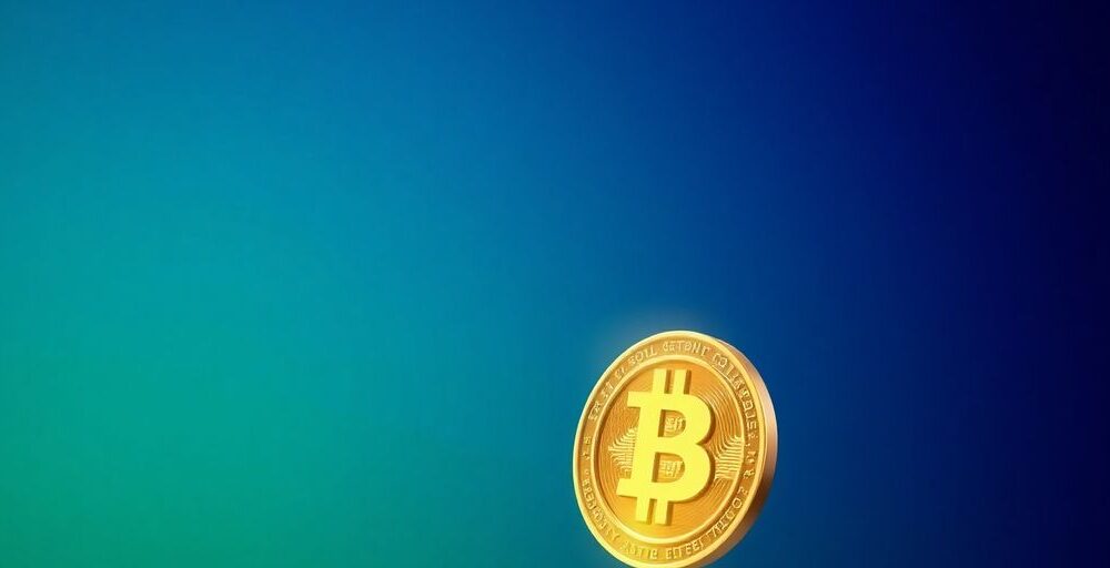 A glowing Bitcoin coin in a blue-green background.