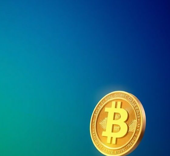 A glowing Bitcoin coin in a blue-green background.