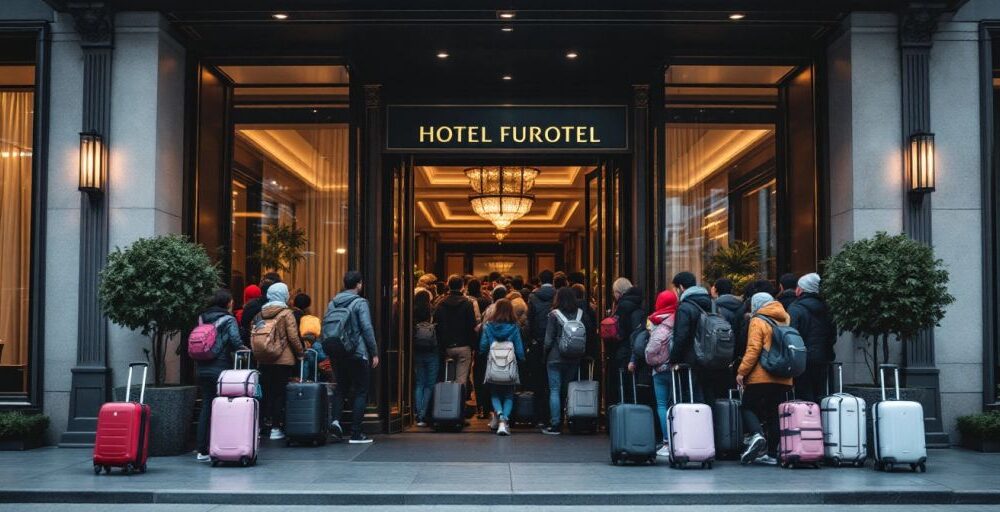 A busy hotel entrance with migrants arriving and luggage.