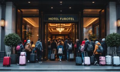 A busy hotel entrance with migrants arriving and luggage.