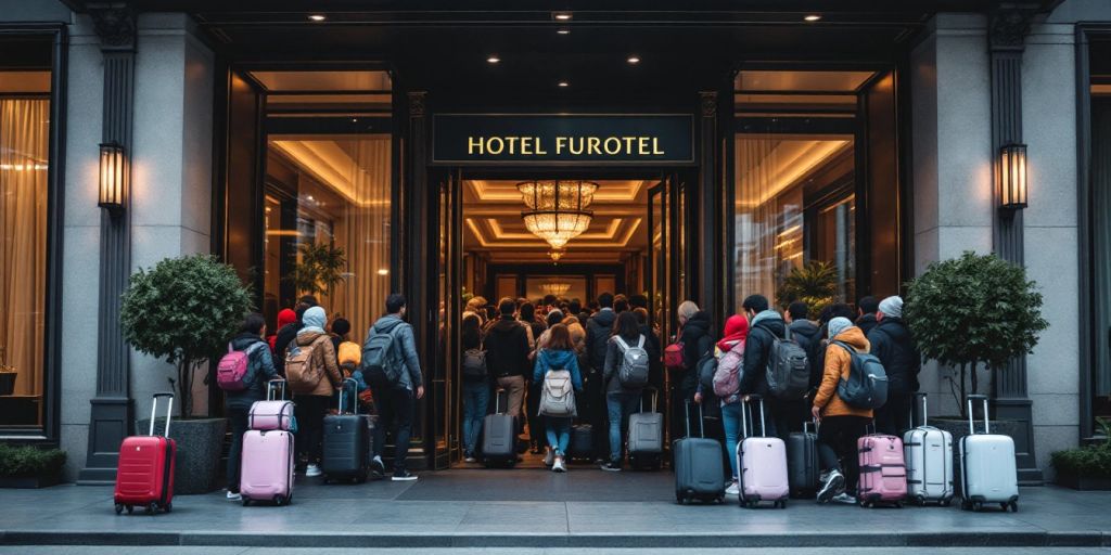 A busy hotel entrance with migrants arriving and luggage.