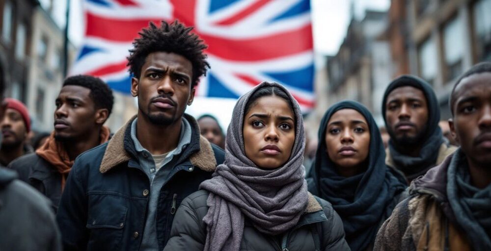 Migrants in the UK looking concerned together.