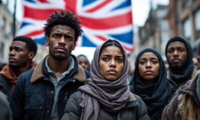 Migrants in the UK looking concerned together.