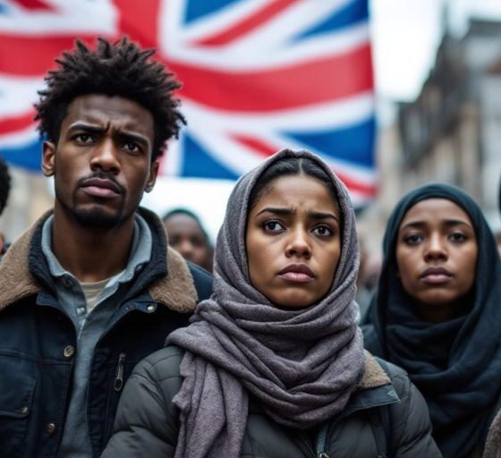 Migrants in the UK looking concerned together.