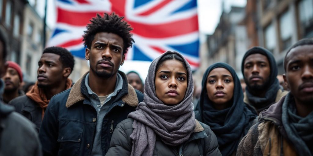 Migrants in the UK looking concerned together.