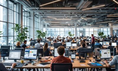 Diverse team working in a modern technology hub.