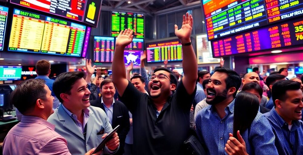 Traders celebrating a stock market surge in an exchange.